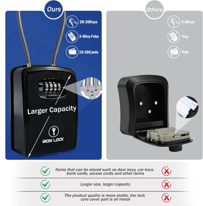 ® XXL Key Lock Box Portable and Wall Mounted with Removable Cable Shackle Waterproof Indoor Outdoor 4 Digit Combination with Resettable Code with a B Switch Extra Large Key Lockbox Outside