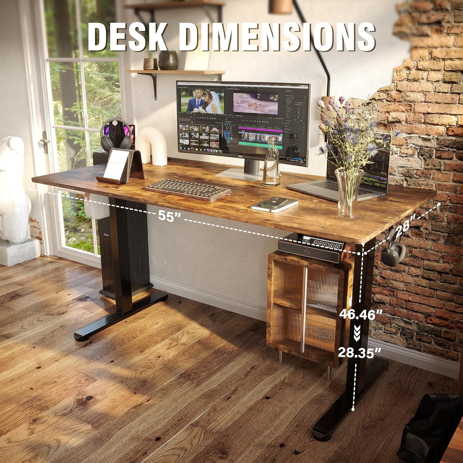 Electric Standing Desk, Height Adjustable Desk 55X 28 Inches, Ergonomic Home Office Sit Stand up Desk with Memory Preset Controller (Black Frame/Rustic Brown Top)