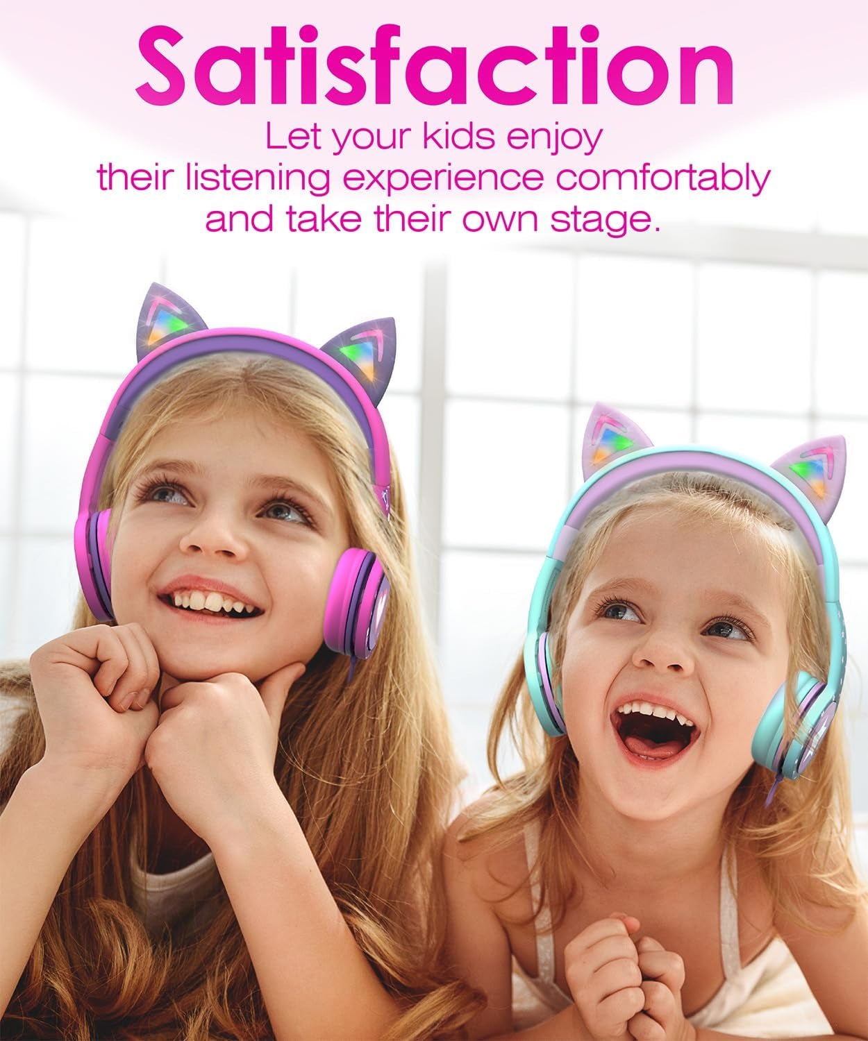 Kids Headphones with LED Cat Ears (Safe Volume Limit 85 Db), 3.5Mm On-Ear Wired Headphones with Laced Tangle-Free Cables for Boys/Girls/School/Travel - Teal/Light Purple