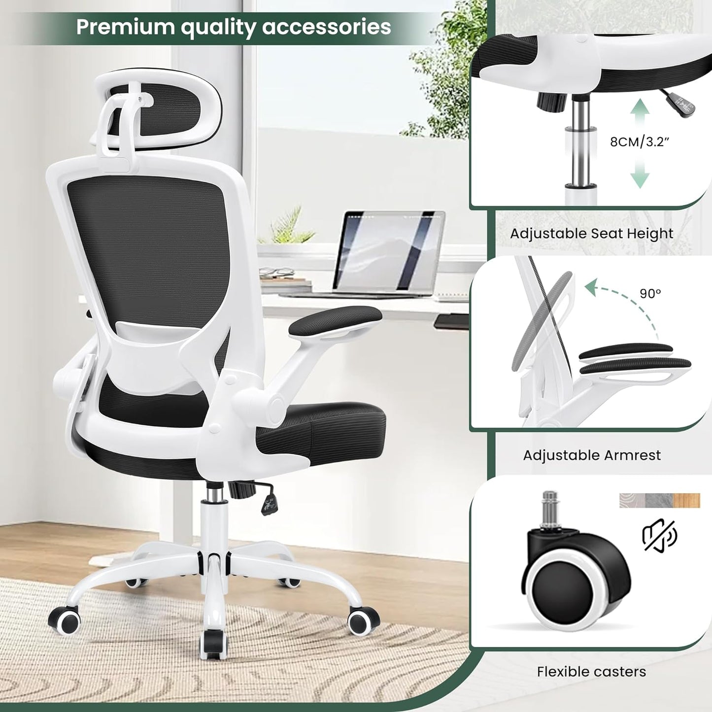 Ergonomic Office Chair, Breathable Mesh Desk Chair, Lumbar Support Computer Chair with Headrest and Flip-Up Arms, Swivel Task Chair, Adjustable Height Gaming Chair, White