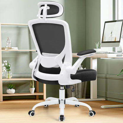 Ergonomic Office Chair, Breathable Mesh Desk Chair, Lumbar Support Computer Chair with Headrest and Flip-Up Arms, Swivel Task Chair, Adjustable Height Gaming Chair, White