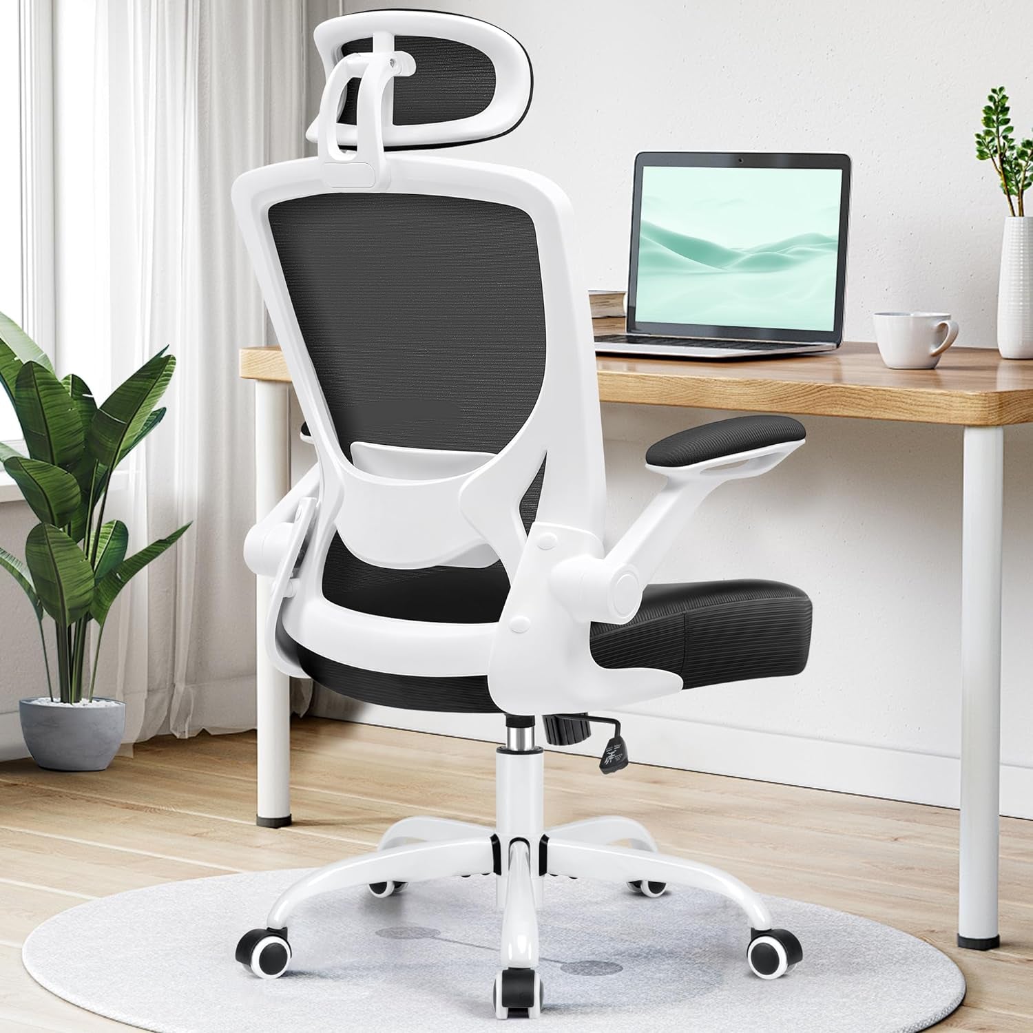 Ergonomic Office Chair, Breathable Mesh Desk Chair, Lumbar Support Computer Chair with Headrest and Flip-Up Arms, Swivel Task Chair, Adjustable Height Gaming Chair, White