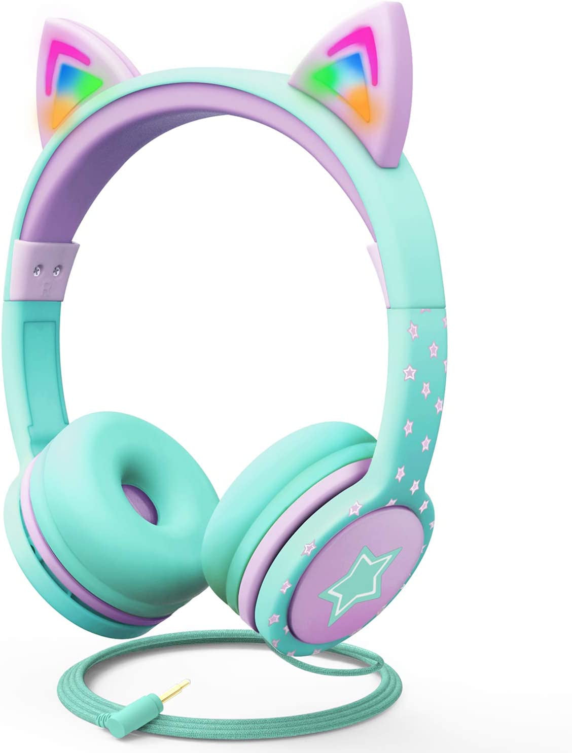 Kids Headphones with LED Cat Ears (Safe Volume Limit 85 Db), 3.5Mm On-Ear Wired Headphones with Laced Tangle-Free Cables for Boys/Girls/School/Travel - Teal/Light Purple